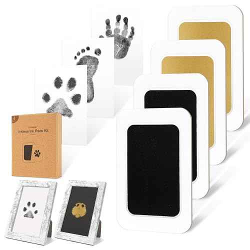 Inkless Paw Print Kit for Dogs (Black/Gold Pad,Vintage White Wood Frame / 4-Pack,Medium)