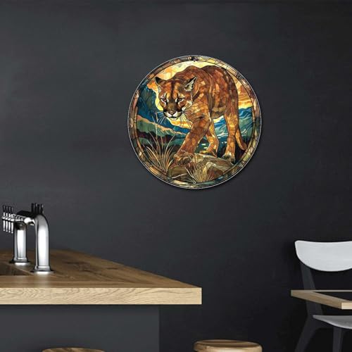 Metal Sign Tin Sign Circular Stained Glass Mountain Lion Garden Metal Sign for Bar 12×12 Inches (12×12 Inches / Mountain Lion)