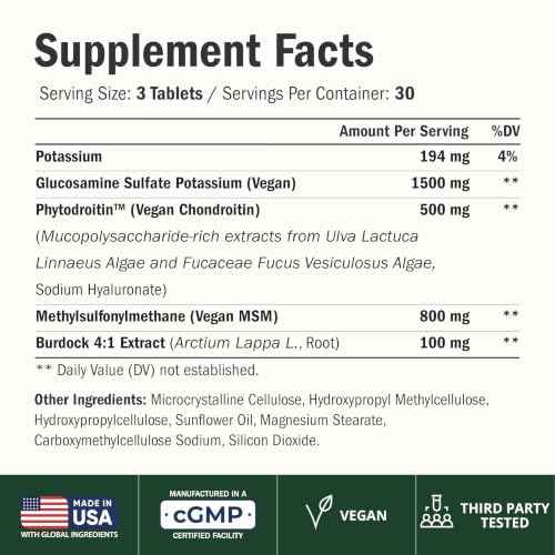 Vegan Glucosamine Chondroitin MSM Joint Supplements for Women & Men 90 Tabs