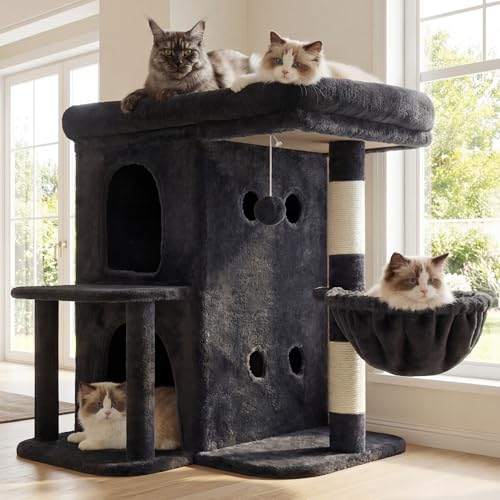 25.6" Cat Tree for Large Cats with Big Perch & Dual Condos HCT204SG (Smoky Gray / 25.6 inch)