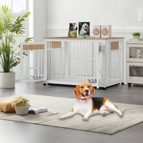 Large Dog Crate Furniture (Nature Wood & White / 42.9"L x 38.3"W x 30.0"H)