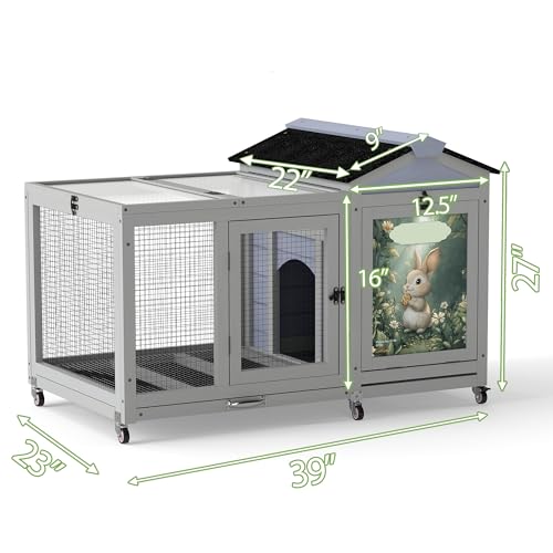 39IN Heated Rabbit Hutch with Wheels (Grey)