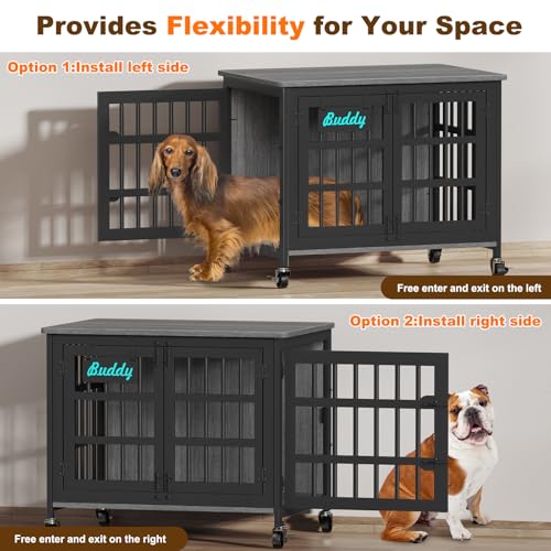 33" 27" Dog Crate Furniture with Name Tag (32.7"L x 22.8"W x 25.2"H / Dark Grey)
