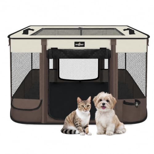 Foldable Pet Kitten Playpen (Brown 03 / Large(35.4''×27.5''×23.6''))