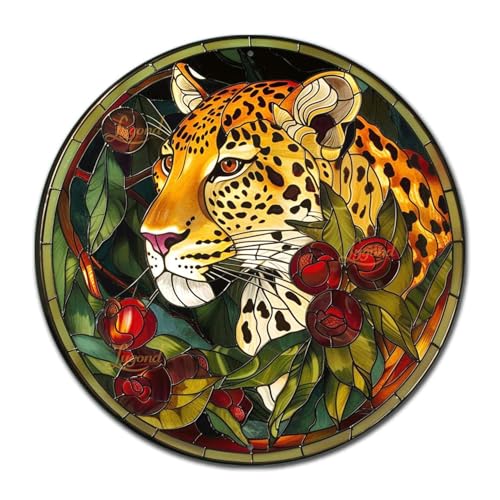 Metal Sign Tin Sign Circular Stained Glass Leopard Bathroom Signs for Home for Club 12×12 Inches (12×12 Inches / Leopard-3)