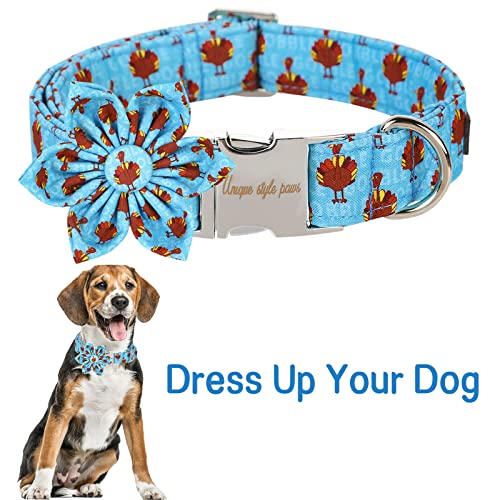 Thanksgiving Dog Collar with Flower Tie Autumn Turkey Theme Puppy Collar for Small Medium Large Dogs (Extra Small / Z-Turkey)