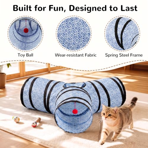 3 Way Collapsible Cat Tunnel for Indoor Cats (Blue Coin / Small)