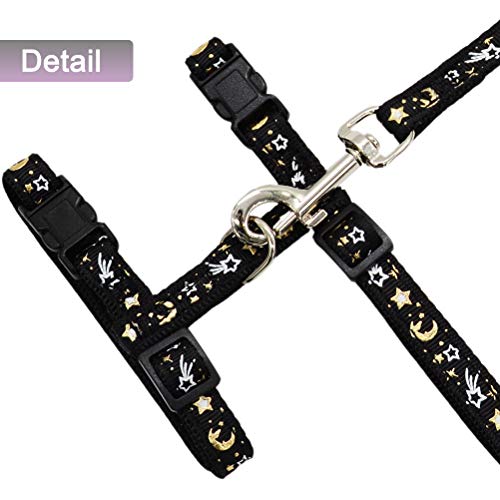 Cat Harness and Leash Set for Outdoor Walking Escape Proof Adjustable Soft Safety Strap with Golden Star and Moon Design Glow in The Dark Black XL (Black / XL)