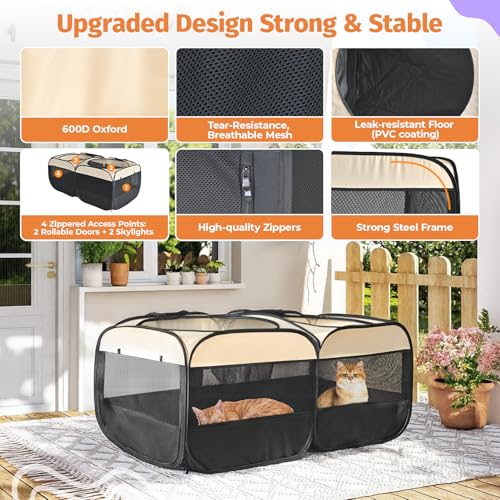 2-in-1 Dog Playpen 58''Pop Up Cat Pet Playpen, Assembly-Free Indoor Outdoor Kitten Enclosure, Kitten Pen Cat Cage Portable Puppy Tent Crates Kennel for Small Animals(No Divider, Unified Space) (Beige / M, 58.3"L x 30"W x 24.1"H)