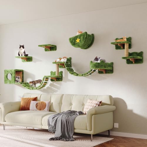 13-in-1 Cat Wall Shelves, Moon & Bridge Cat Wall Furniture, Green (Green / 13-in-1)