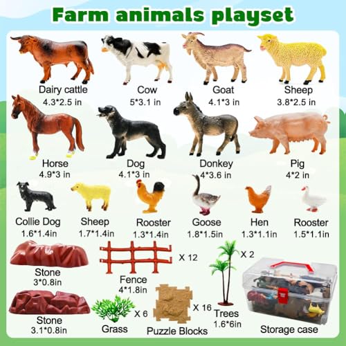 53 Piece Farm Animal Figures Toy with Fence & Building Blocks for Toddlers (Farm Animals Playset)