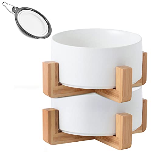 Ceramic Dog Cat Bowl Set with Stand (White / Medium Size Dog Bowls 850ML*2)