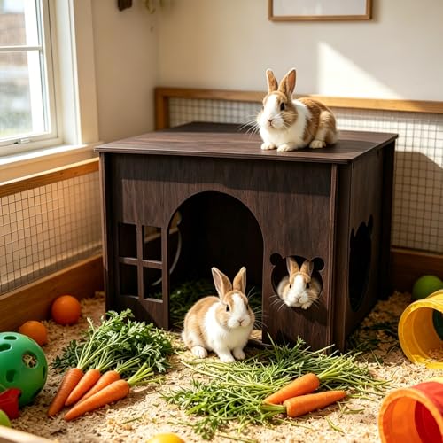 Large Sturdy Wooden Rabbit Castle Hideout with Spacious Balcony (Walnut Style 2 / Medium)