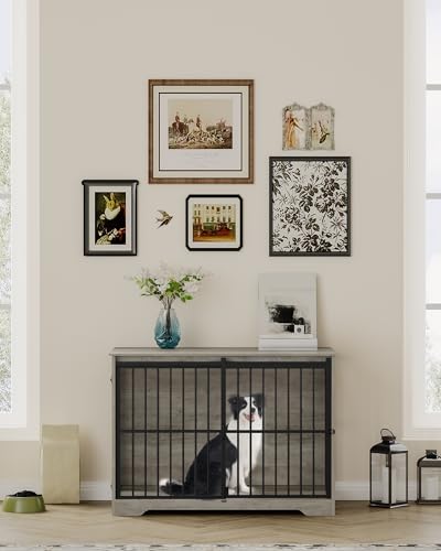 44.1" XL Dog Crate Furniture Indoor Dog Kennel with Barn Door (44.1"L x 27.6"W x 31.9"H / Greige)