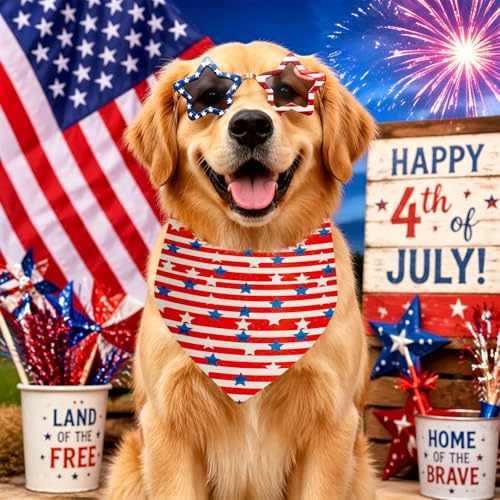 50 Pcs 4th of July Dog Bandanas Bulk for Patriotic American Striped Star Red White and Blue Independence Day Flag Scarf for Small Medium Large Outfit (Striped Star / 31.5 x 21.7 x21.7 Inch)