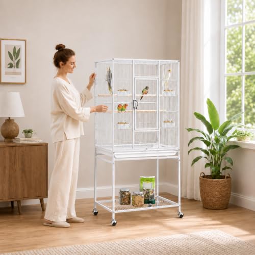 54" Large Flight Bird Cage for Parrots Macaw Cockatiels Sun Parakeets Lovebird Green Cheek Conures African Grey Small Quaker Amazon Parrots with Rolling Stand (White)