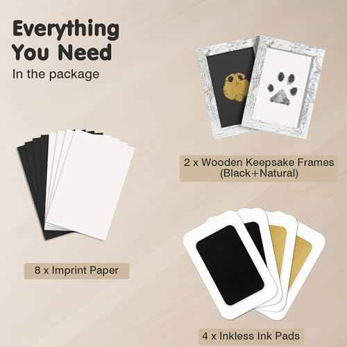 Inkless Paw Print Kit for Dogs (Black/Gold Pad,Vintage White Wood Frame / 4-Pack,Medium)