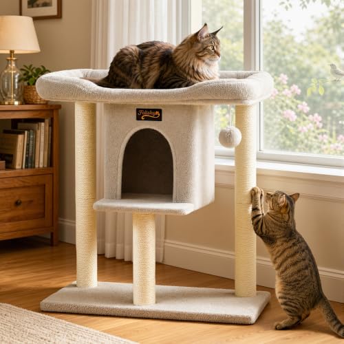 Cat Tree Tower Scratching Post for Indoor Large Adult Cats with Perch Bed (Light Grey / 28 Inches)