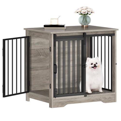 27.2" S Dog Crate Furniture Indoor Dog Kennel with Barn Door (Greige / 27.2"L x 19.3"W x 25.4"H)