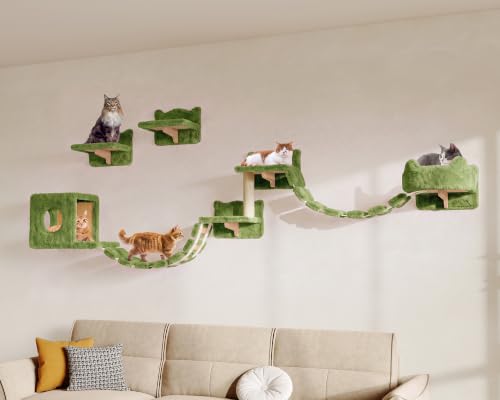 9-in-1 Cat Wall Shelves, Cat Wall Furniture Set with Bridge, Green (Green / 9-in-1)