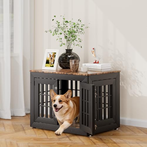 32" Heavy Duty Dog Crate Furniture for Small (32.7"L x 24.4"W x 25.8"H / Black+Brown)