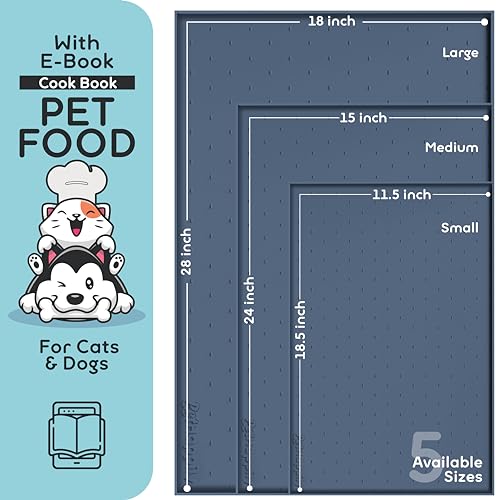 Dog Food Mat Raised Edges Dogs Mat for Food and Water Prevent Spill (18.5" x 11.5" / Denim Gray)