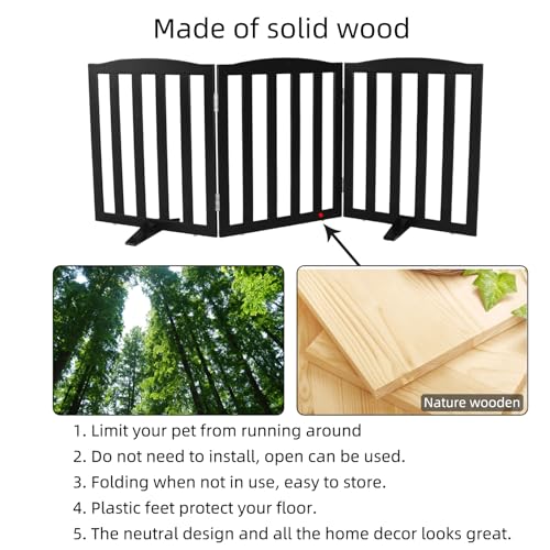 Foldable Freestanding Indoor Dog Gate for House Wood Long Pet Gates Dog Fence for Stairs Puppy Gates for Hallways (Black / 【3 Panels】60''w X 24''h)