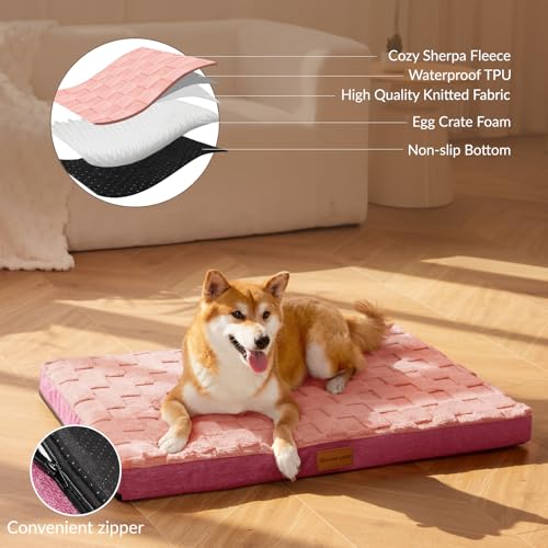 Orthopedic Large Dog Bed Washable Pet Crate Mat 42''X28'' Pink (Pink / 42"L x 28"W x 3.5"Th)