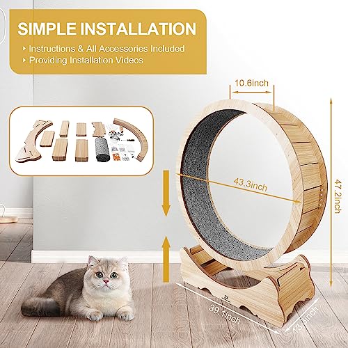 Cat Wheel 46" XL Large Exercise Running Wheels with Detachable Carpet for Indoor Cats (Wood / XL)
