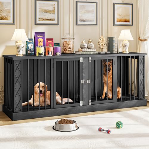 86.6" Wooden Double Dog Crate Furniture for 2 Large Dogs (Dark Black / 86.6"L x 23.6"W x 31.5"H)