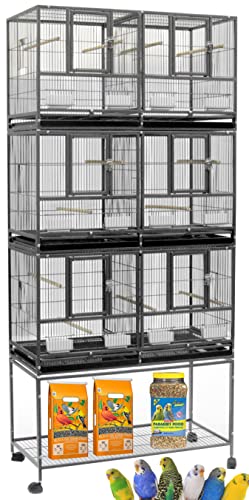 Sturdy Wrought Iron Triple Stack Combo Breeding Stacker Center Divided Breeder Bird Flight Double Rolling Cage with Side Breeding Nest Doors with Rolling Stand Storage Shelf (Black Vein)