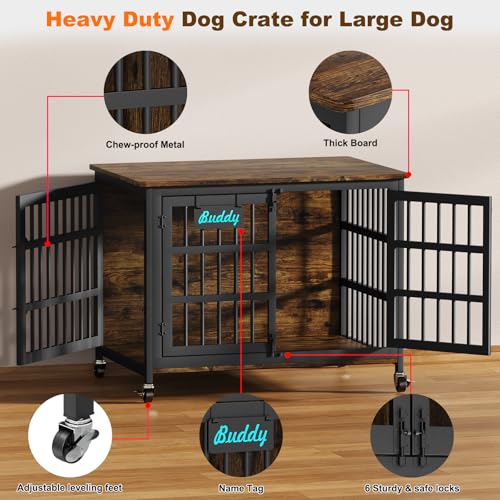 41"/33"/27" Dog Crate Furniture with Name Tag, Heavy Duty Dog Kennel Indoor for Medium Dogs, Double-Doors Sturdy Metal Dog Cage for Anxiety Dog, Decorate House as TV Stand, End Table (40.8"L x 29.3"W x 30.2"H / Brown)