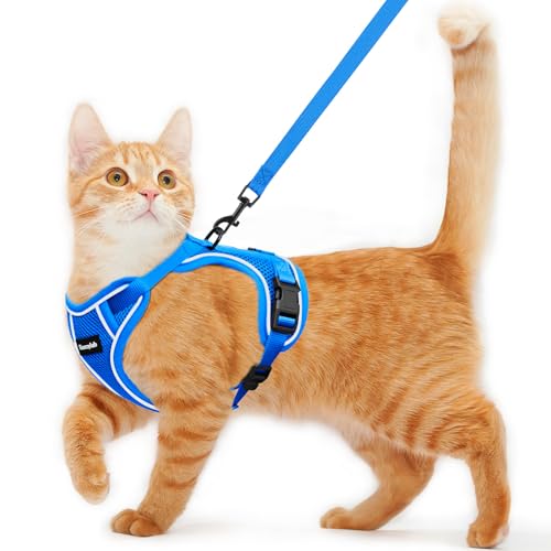 Cat Harness and Leash for Walking Escape Proof Soft Adjustable Cat Leash (Blue / S (7-12lb))
