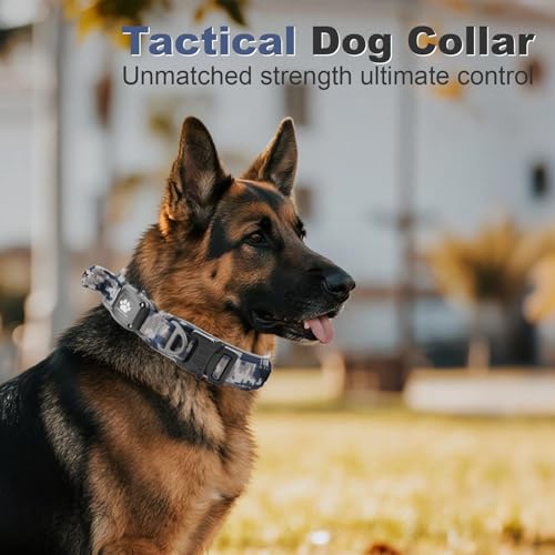 Tactical Dog Collar with IPX8 Waterproof AirTag Holder (Camouflage Grey / XL(19.5"-24.8"))