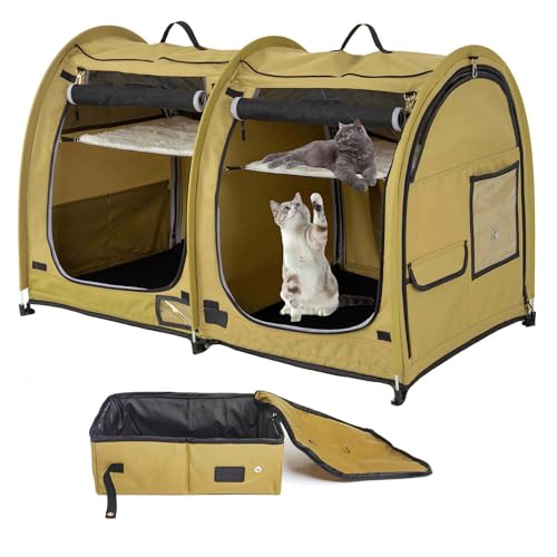 Mispace Portable Twin Compartment Show House Cat Cage (Light Brown)
