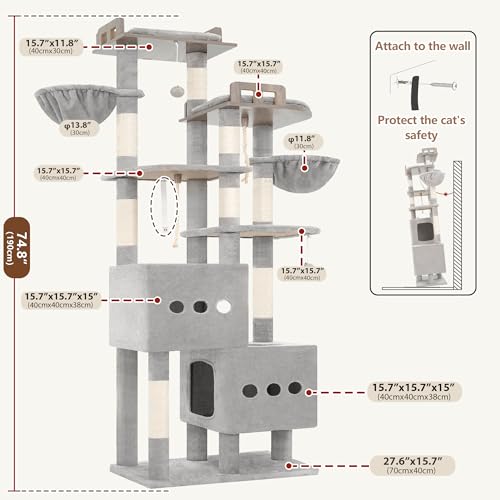 Sturdy Cat Tree Tower with 2 Large Condos (74.8 inches / Light Gray)