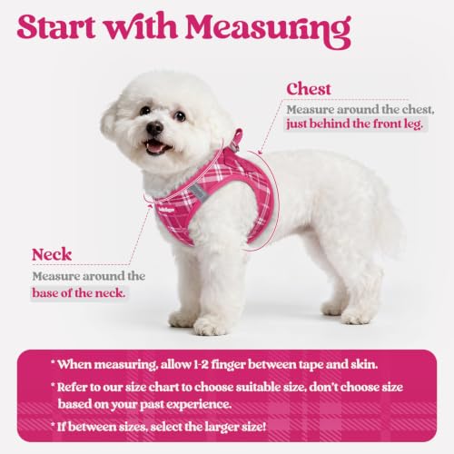 Dog Harness Medium Sized and Leash Set (Rose Red Plaid / M (chest: 16 - 18.5"))