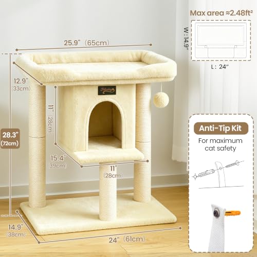 Cat Tree Tower Scratching Post for Indoor Large Adult Cats with Perch Bed (Beige / 28 Inches)