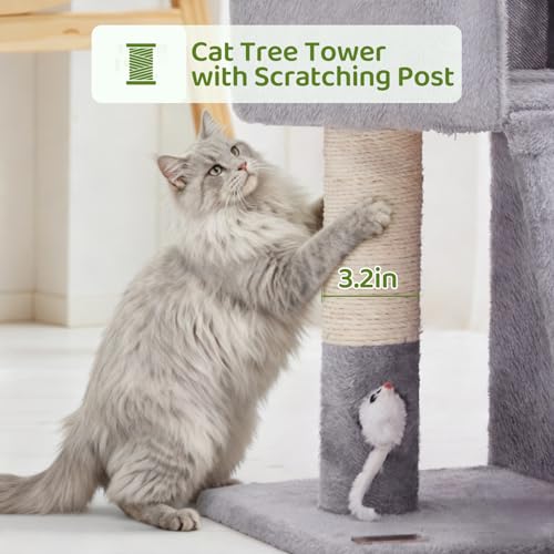 32inch Tall Cat Tree with 2 cat condo for Adult Cats Cozy Cat Tower with Scratching Post and Scrather Board for Cats of Different Ages.（Light Grey） (31.5'')
