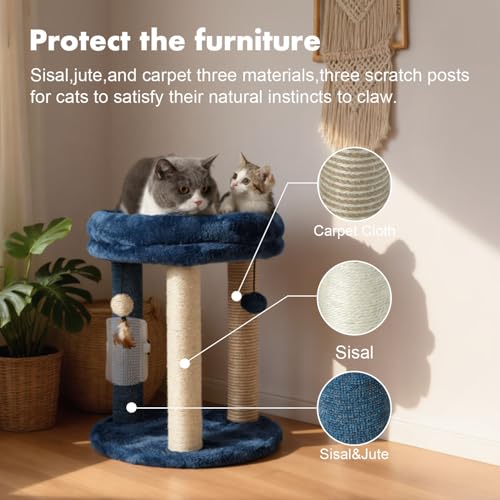 Cat Scratching Post Tree with Tower Soft Bed.Natural Quality Sisal Carpet Jute Scratch Posts with Three Hanging Ball Toys and Massage Brush for Indoor Cats and Kittens Blue (For indoor cats and kittens / Blue)