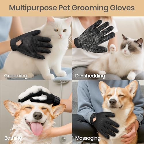 Pet Hair Removal Glove with 255 Silicone Tips for Dogs & Cats (Black)