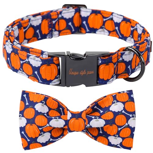 Halloween Day Dog Collar with Bow Bone Pumpkin Cotton Dog Collars for Small Medium Large Dogs (Small / Bone pumpkin)