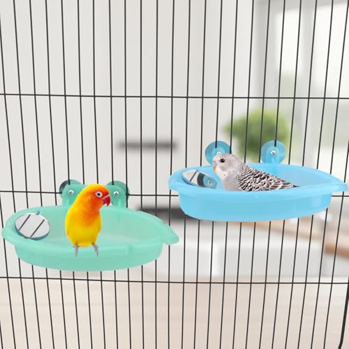 Bird Bath with Mirror for Small Birds Budgie Parakeet Cage (Blue(A)+Green)