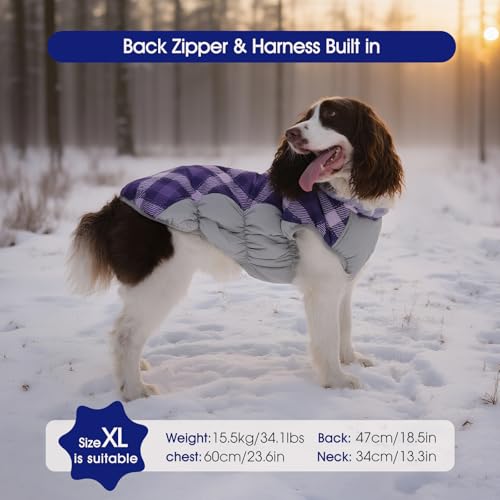 Dog Cold Weather Coats Reflective Dog Warm Jacket with Harness (Purple Plaid / M(chest:21in))
