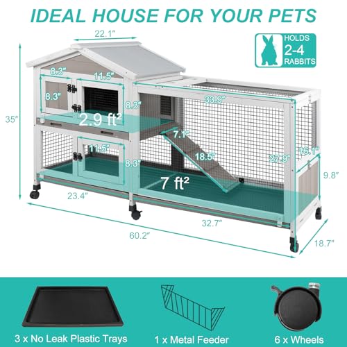 2 Tier Rabbit Hutch with Wheels (60"L x 19"W x 35"H)
