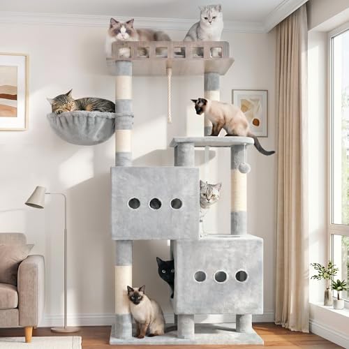 Cat Tree Sturdy Cat Tower with 2 Spacious Cat Condos GCT029W (60 inches / Light Gray)