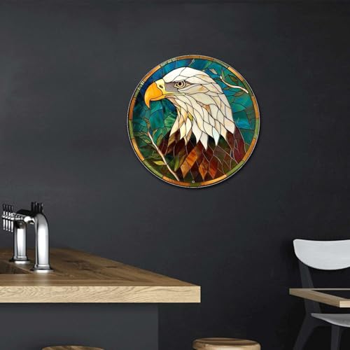 Metal Sign Tin Sign Circular Stained Glass Bald Eagle Boho Decorations for Home for Bar 8×8 Inches (8×8 Inches / Bald Eagle)