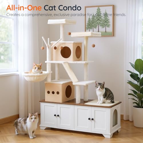 Double Litter Box Enclosure with Cat Tree (White)