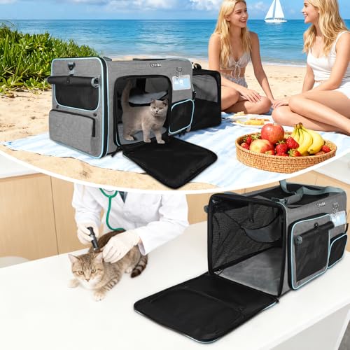 Side Expandable Extra Large Cat Carrier with Litter Box (grey)