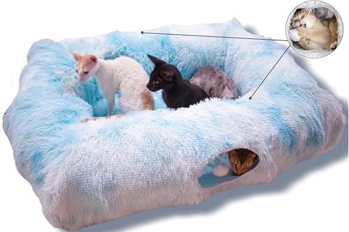4 Cave Shuttled XL Cat Tunnel Bed for Indoor Cats Peekaboo Toy Donut with Warm Mat (Azure Blue)